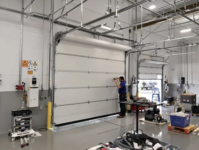 Commercial garage door repair being performed by Anaheim Garage Door Repair expert in Anaheim
