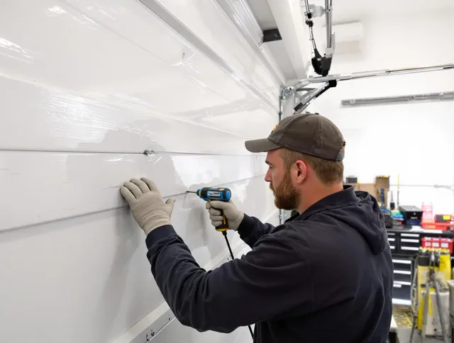Anaheim Garage Door Repair technician demonstrating precision dent removal techniques on a Anaheim garage door