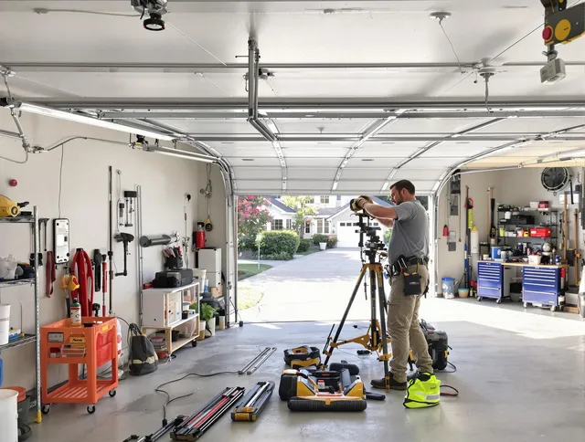 Anaheim Garage Door Repair specialist performing laser-guided track alignment in Anaheim